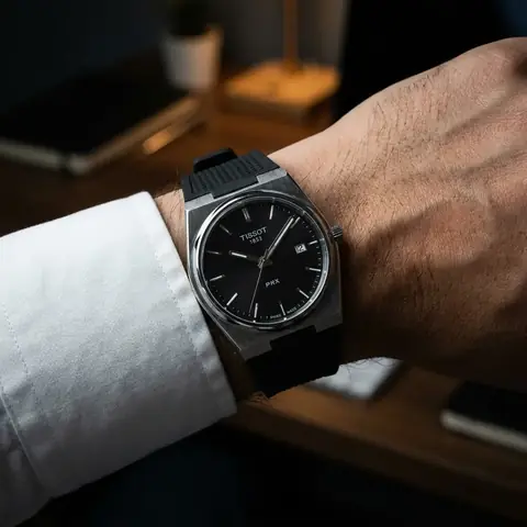 Pulso masculino executivo com relógio Tissot PRX