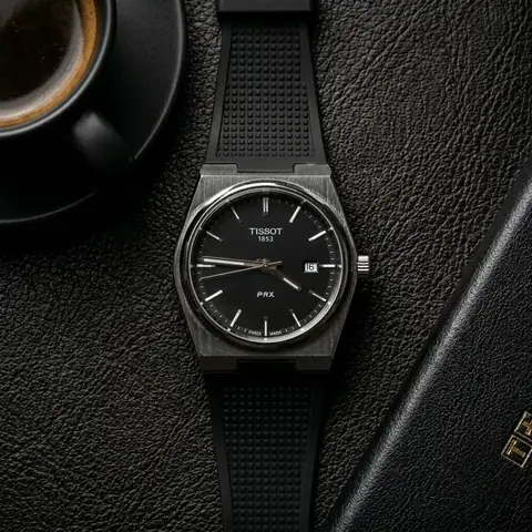 Flat lay editorial — Tissot PRX sobre couro escuro italiano