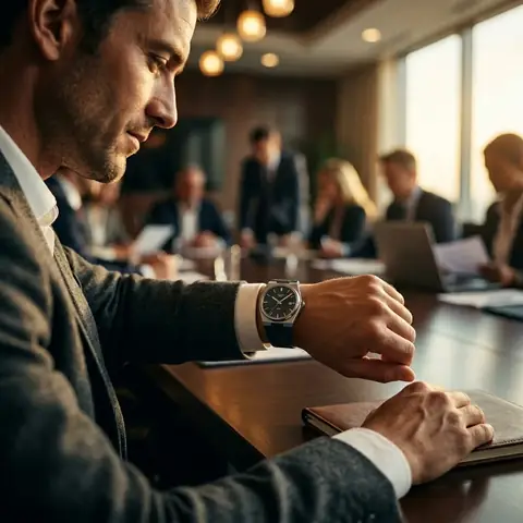 Executivo verificando relógio Tissot PRX em reunião corporativa